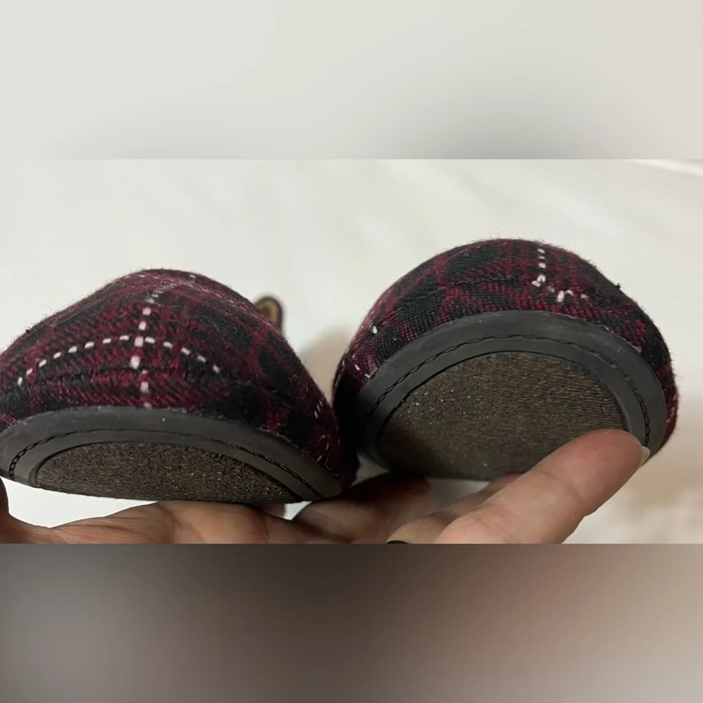 Lucky Brand Erin Plaid Ballet Flats Slip On Burgundy/blk/wht Fabric Shoes Sz 8M